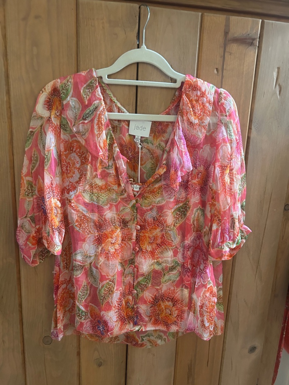 Johnny Was Jade Pink  Floral Sheer Button-Up Blouse with matching cami. NWT